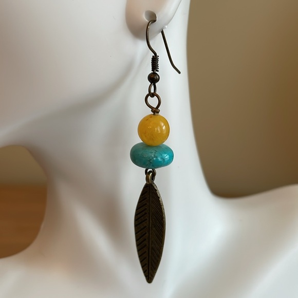 HAND CRAFTED BOHEMIAN BEADED EARRINGS Antique Brass Turquoise Yellow Chalcedony - Picture 1 of 14